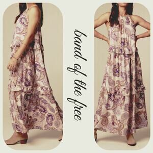 Band Of The Free Paisley Tie Neck Smocked Tiered Maxi Dress Cream Purple Lined S